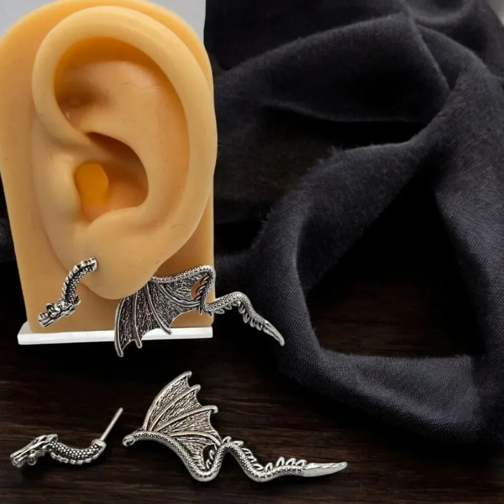 Silver Dragon Ear Jacket Earrings Gothic Fantasy Winged Dragon Cosplay Jewelry